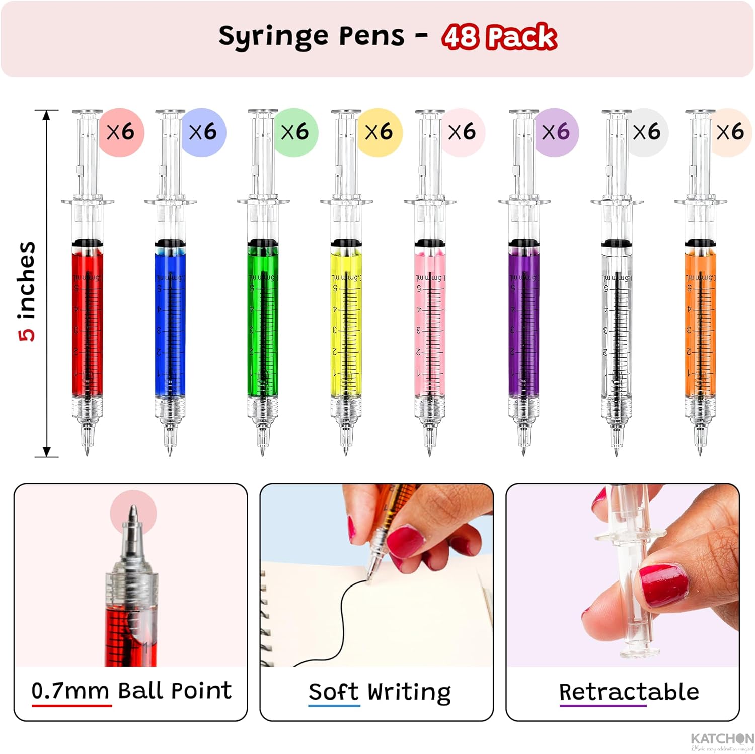 KatchOn, 48Pcs Syringe Pen, Multicolor Retractable Fun Nurses Week Gifts Bulk, Black Ink Novelty Pens Set, Nurse Accessories for Work and Back to School Supplies, Doctor Play Cool Gifts for Nurses