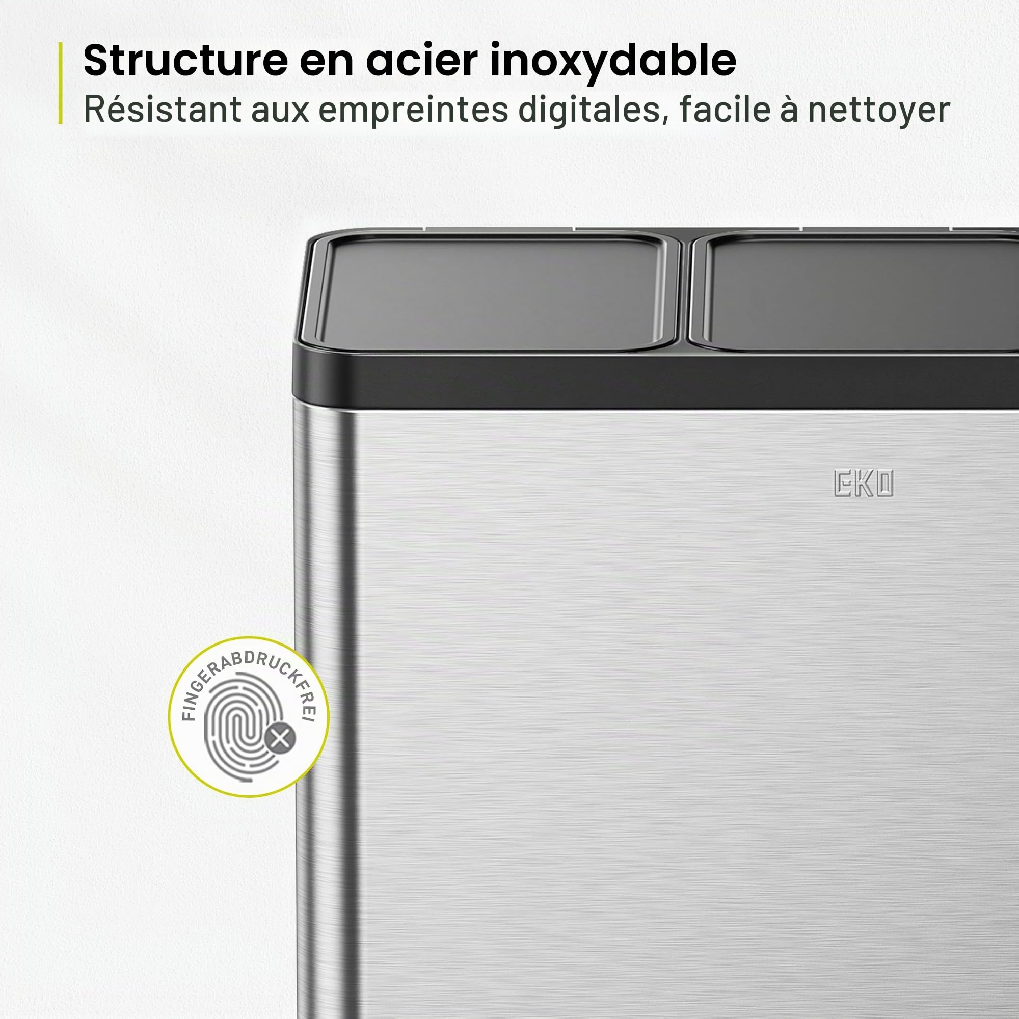 EKO Essential Poubelle à 3 compartiments, 3 x 20 l, système de tri sélectif, poubelle de cuisine, avec 20 sacs poubelles, grande capacité avec couvercle, fermeture douce et hermétique, en acier