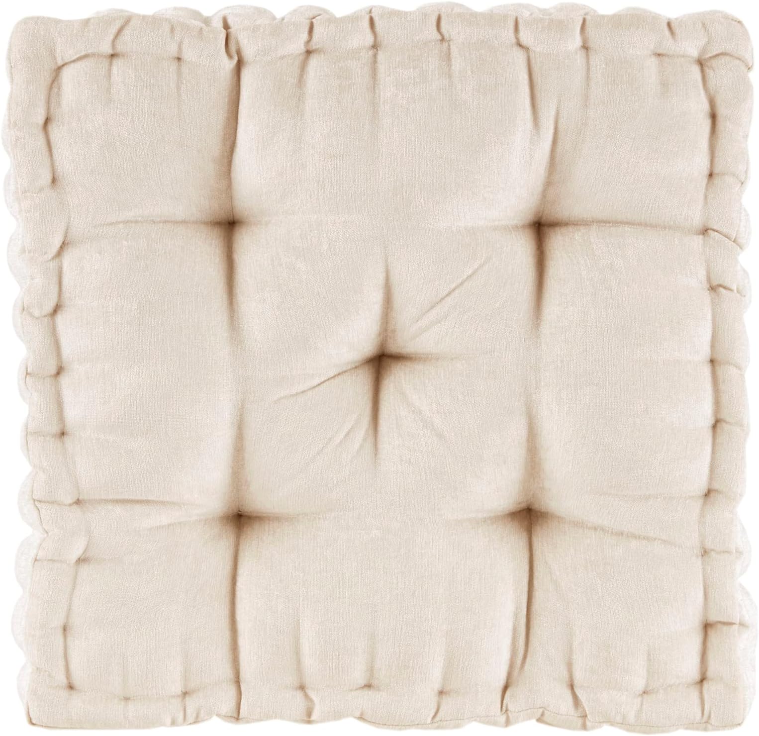 Intelligent Design Azza Floor Pillow Square Pouf Chenille Tufted with Scalloped Edge Design Hypoallergenic Bench/Chair Cushion, 20” x 20” x 5”, Ivory