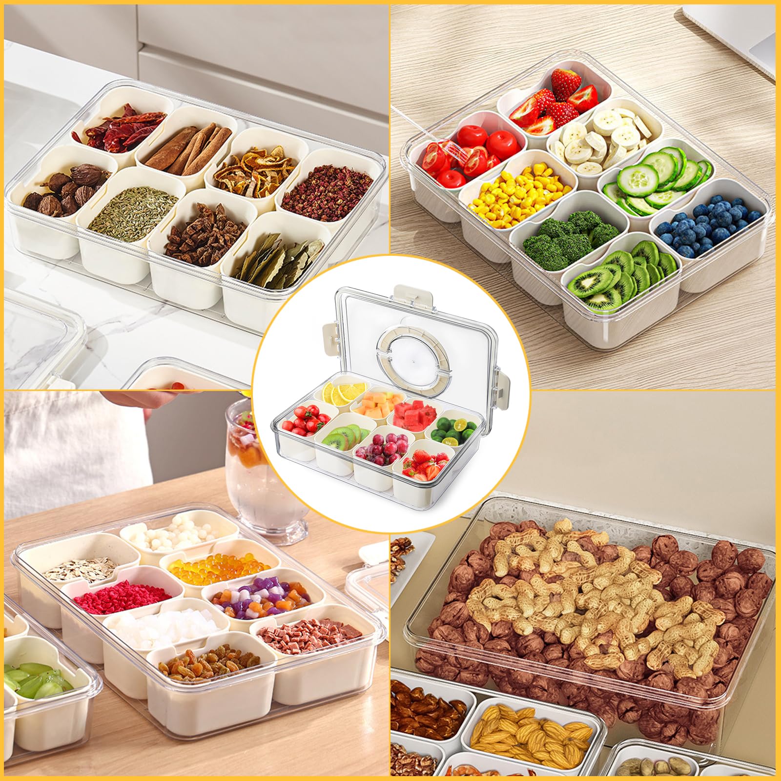 Plato para servir refrigerios, plato para refrigerios con 8 compartimentos, caja de almacenamiento para refrigerios con tapa y asa, bandeja organizadora para dulces, postres de galletas vegetales — view 7