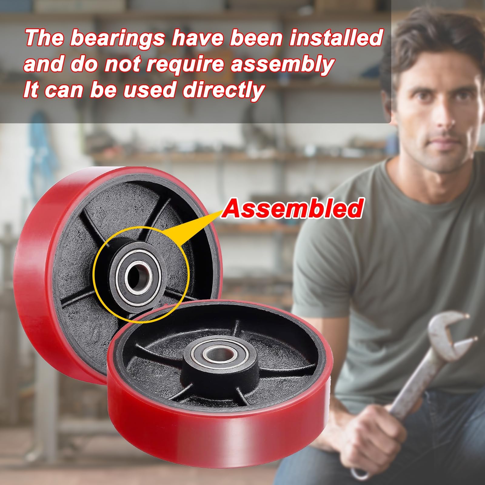 Pallet Jack/Truck Steering Wheels Set with Axle, Fasteners and Protective Caps (2 pcs) 7" x 2" with Bearings ID 20mm Poly Tread Red — Amazon image 6