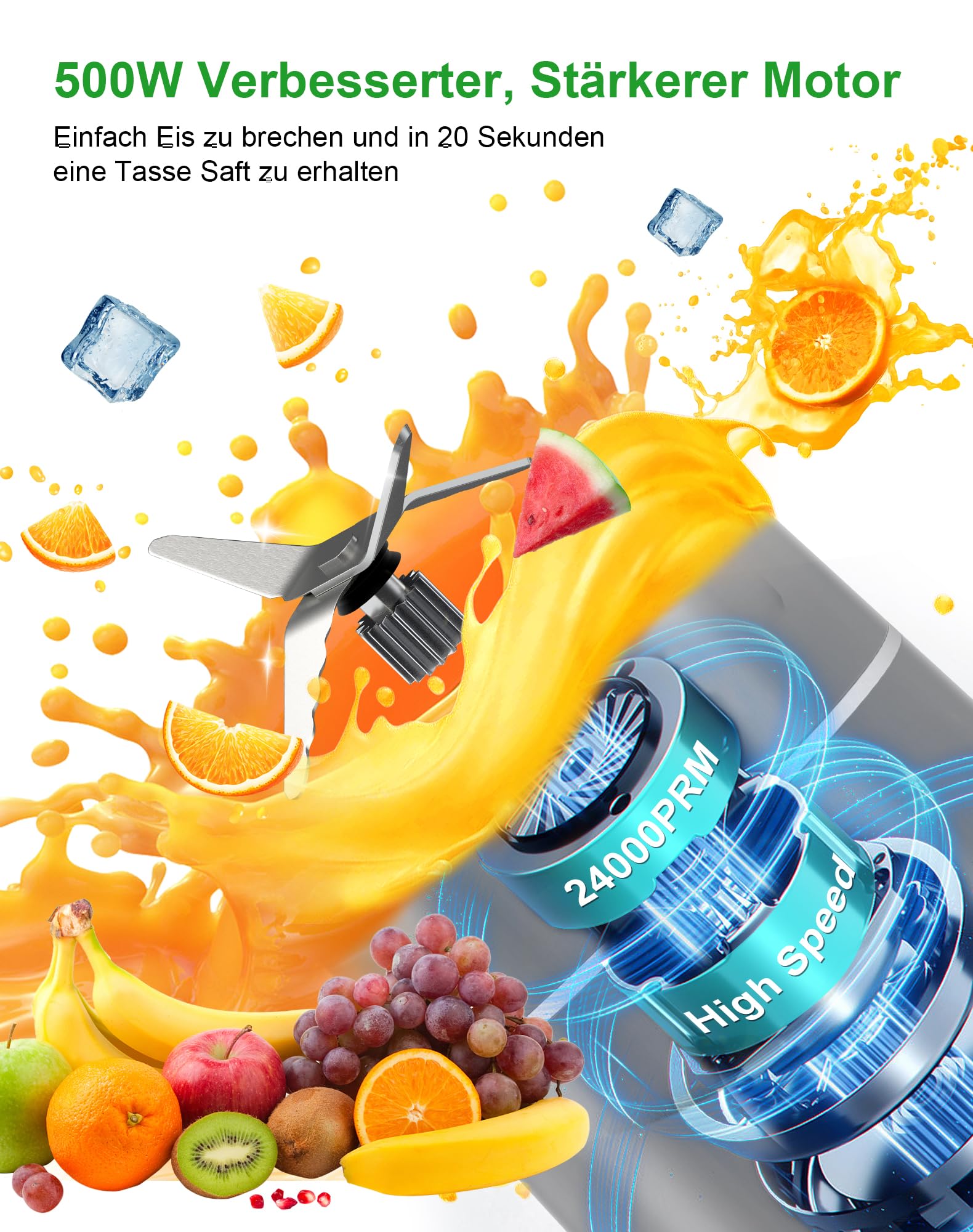 Mixer, Smoothie Maker, 500W Mini Standmixer mit 2x570ml Tritan BPA Freier Flasche, Tragbarer Edelstahl Blender, Geräuscharm, Leicht zu Reinigen 4-Klingen-System,für Jede Art von Shake und Smoothie