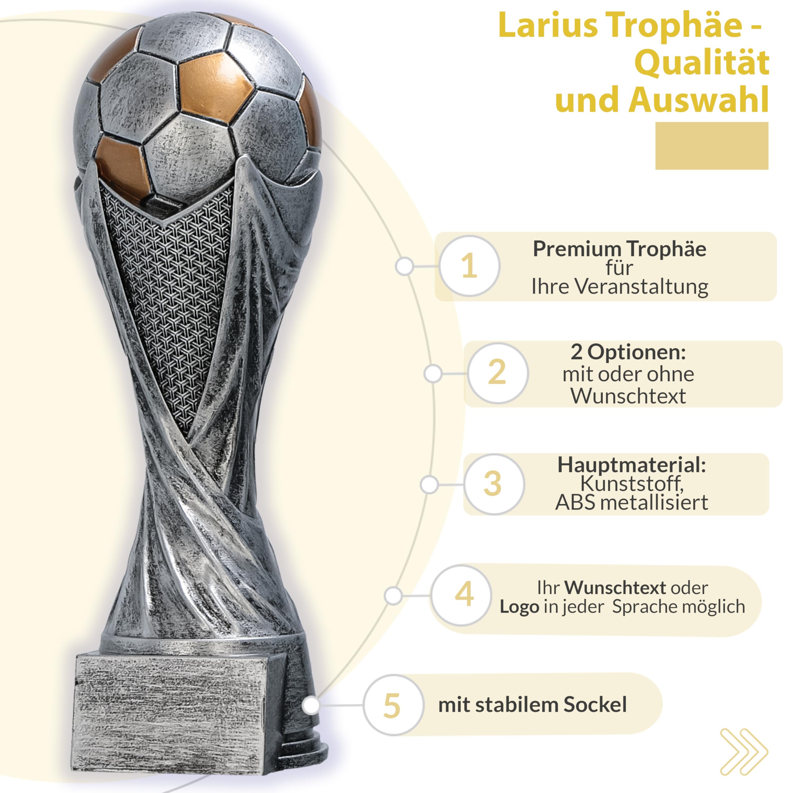 Larius Trophée Football avec Ballon 15–21 cm (300–830 g) – Coupe Lourde en Résine avec Gravure Optionnelle – pour Tournois, MVP, Meilleur Buteur & 1re–3e Place – M5
