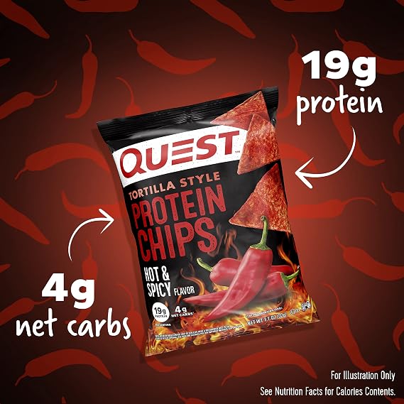 Quest Protein Chips, Cheddar & Sour Cream (Pack of 12) and Hot & Spicy Tortilla Style (Pack of 12), 19-20g Protein, 3-4g Net Carbs