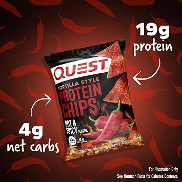 Quest Protein Chips, Cheddar & Sour Cream (Pack of 12) and Hot & Spicy Tortilla Style (Pack of 12), 19-20g Protein, 3-4g Net Carbs