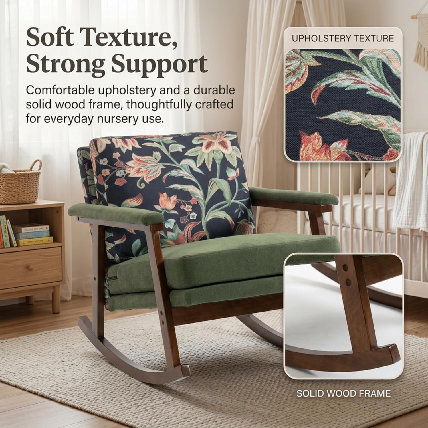 Nursery Rocking Chair, Upholstered Fabric Rocker Chair with Solid Wood Frame, Compact Rocking Chair for Baby Room, Nursery and Bedroom, Green Floral