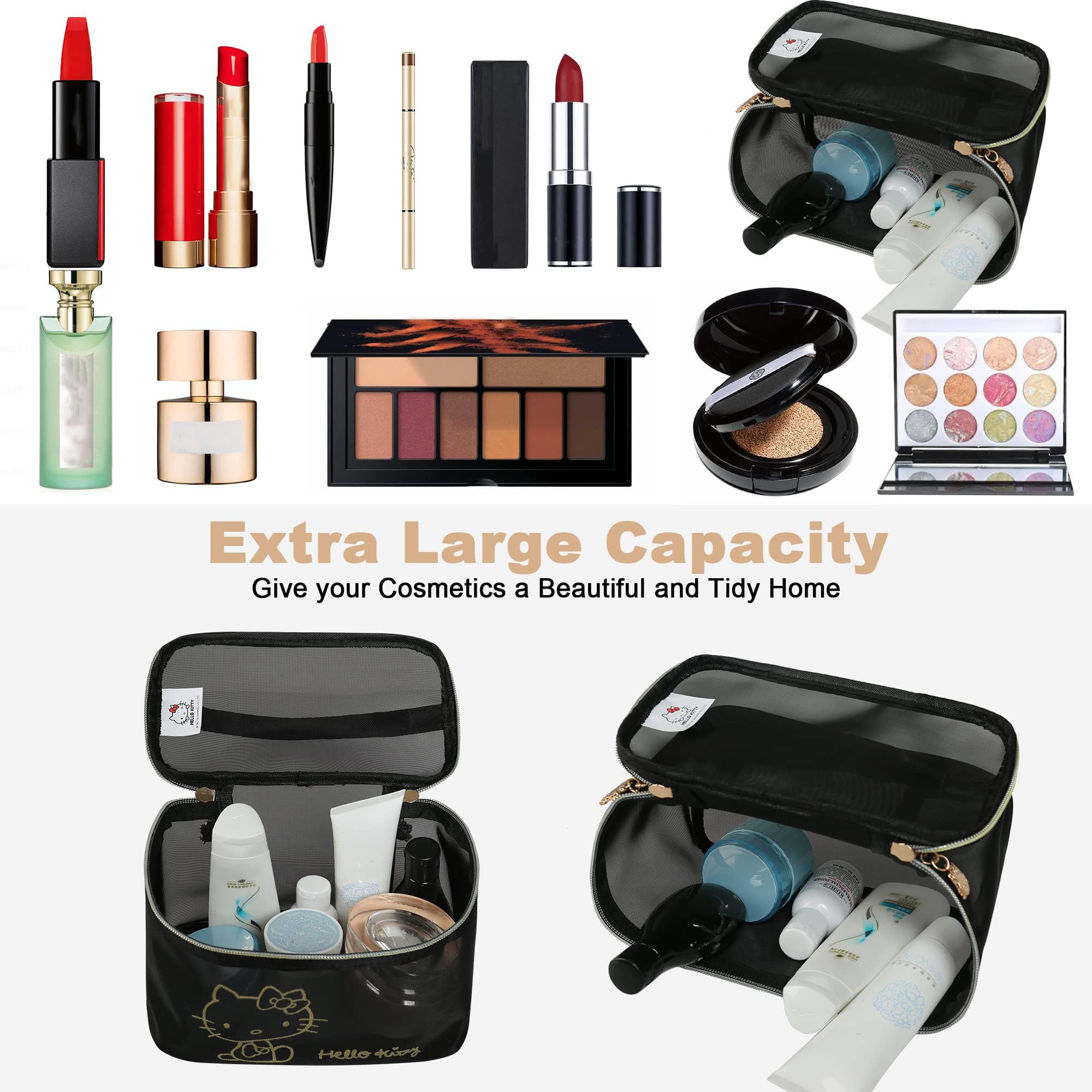 AmBealla Cosmetic Large Bag Makeup Bag Makeup Travel Case with Handle, Black Nylon Mesh Organizer for Women, Toiletry Bag for Skincare & Beauty Tools Home Storage for Girls 1
