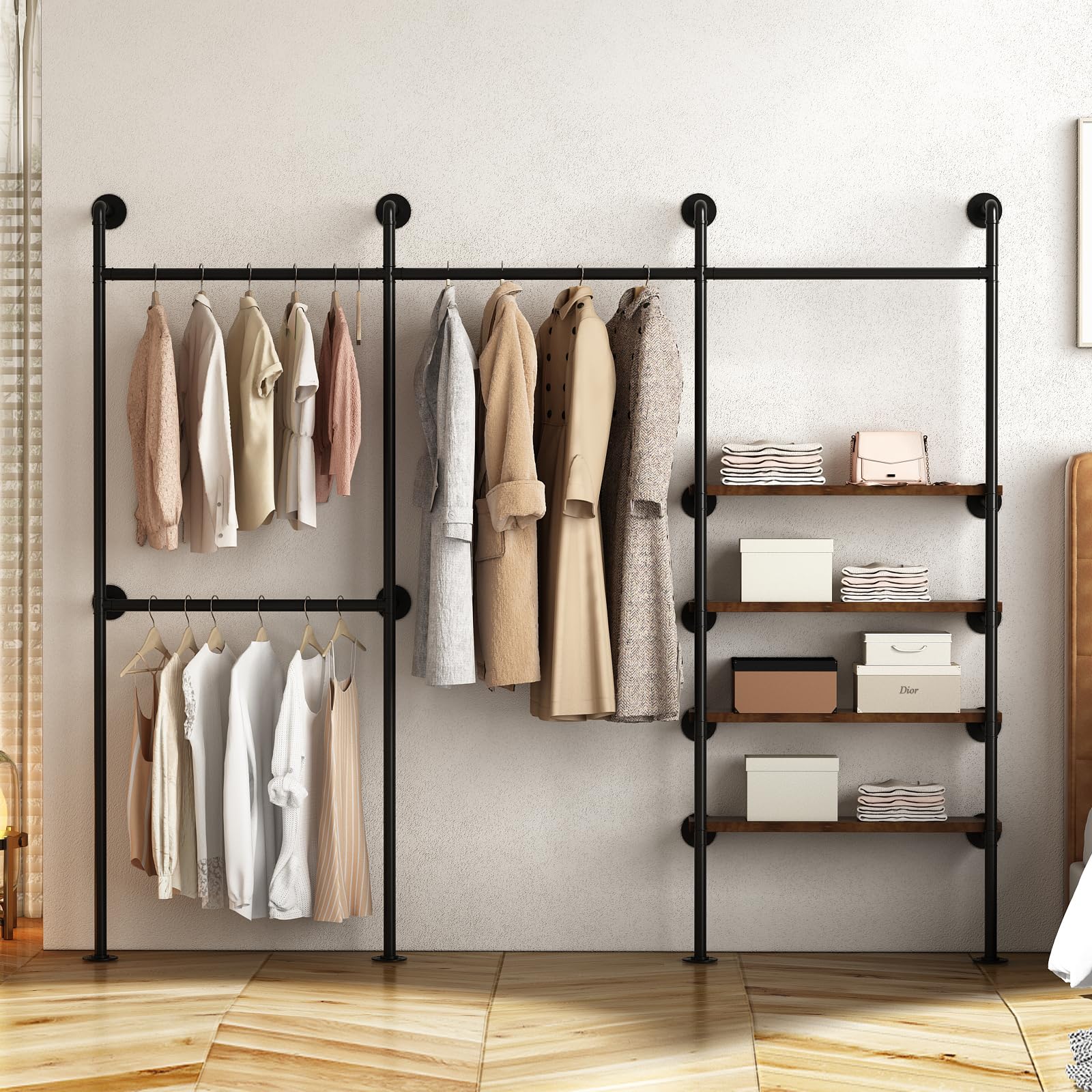 Photo 1 of KAILNKISS Industrial Pipe Clothing Rack,Wall Mounted Clothies Rack with Shelves, Heavy Duty Closet Organizers Wardrobe Multi-Purpose Storage Clothes Hanging Shelf-94.5''L Black