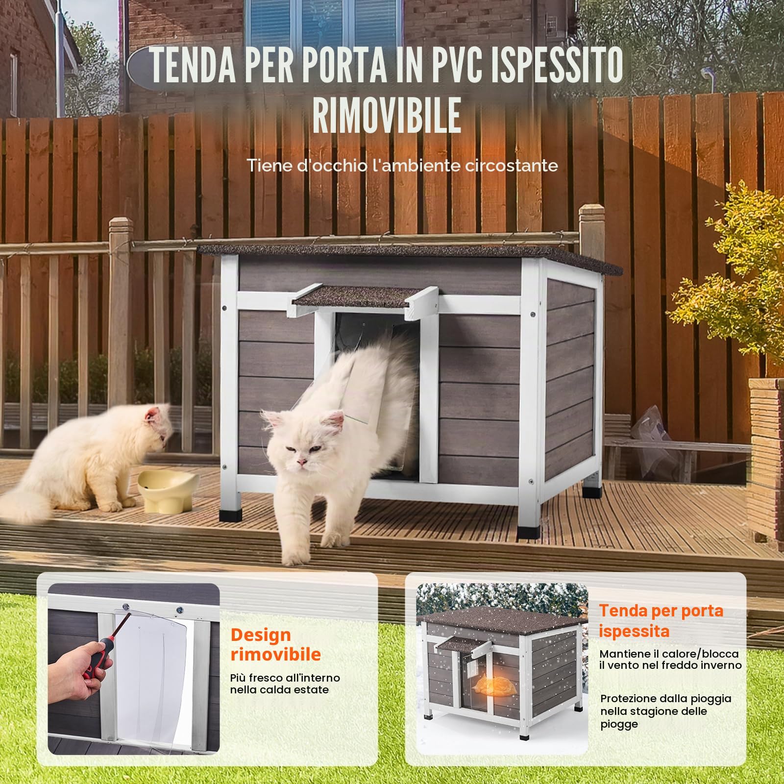 VEVOR Cuccia per Gatti da Esterno, 600x530x465 mm, Cuccia Rifugio per Gatti in Legno, Resistente alle Intemperie, Tetto Aperto, Porta a Ribalta, Capanna per Riparo per Gatti Animali Piccoli, Grigio