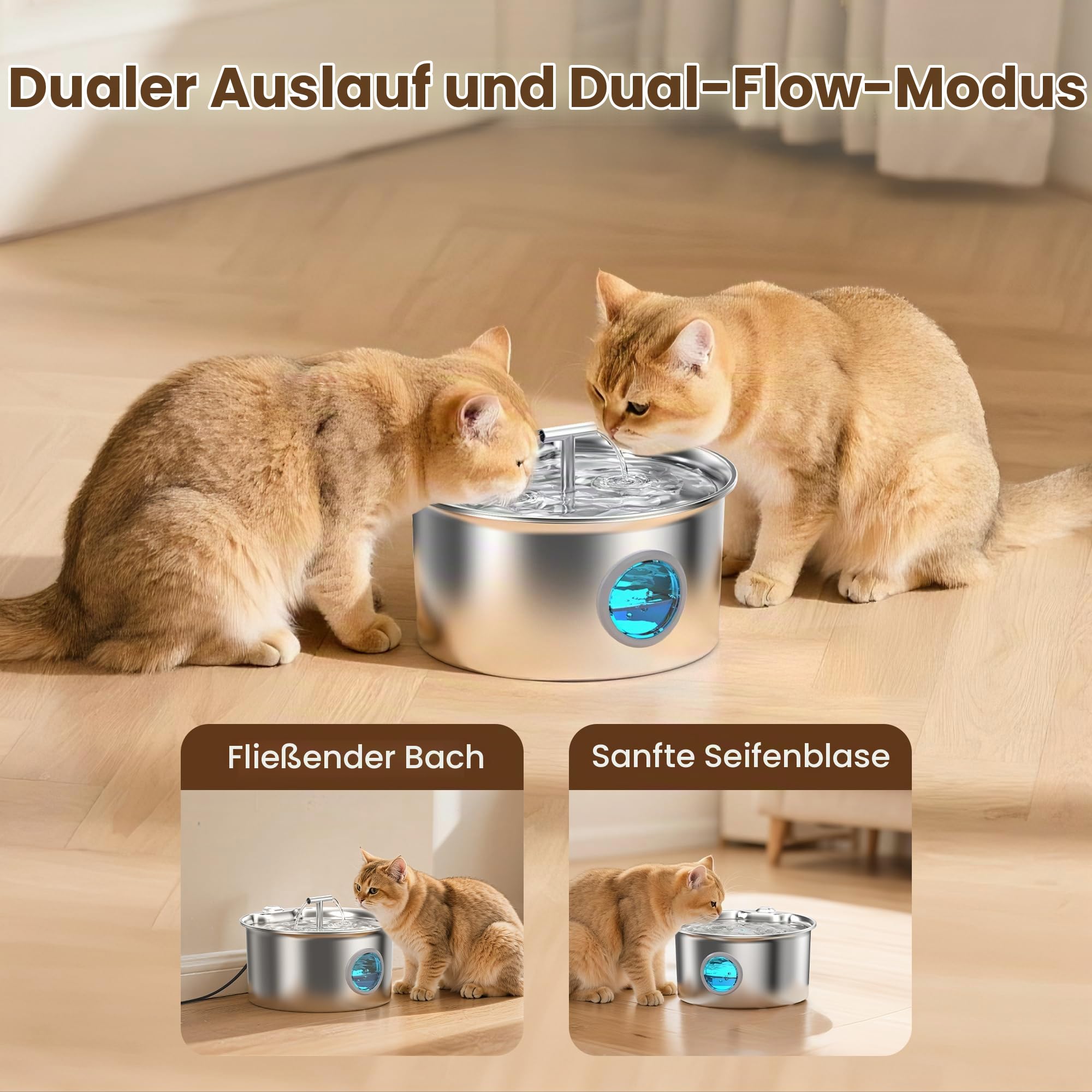Katzenbrunnen Edelstahl Katzen Trinkbrunnen: Trinkbrunnen für Katze - 2.6L leiser Katzenbrunnen für Katzen - mit 6 Kohlefilters + 3 Schwämmes - Wasserstandsfenster mit LED-Beleuchtung