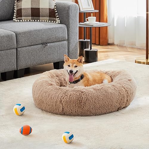 Miniatura 8 de DUMOS Camas para perros medianos con forma de dona calmante de 24 x 24 pulgadas, lavable a máquina, acogedora cama redonda de felpa de piel