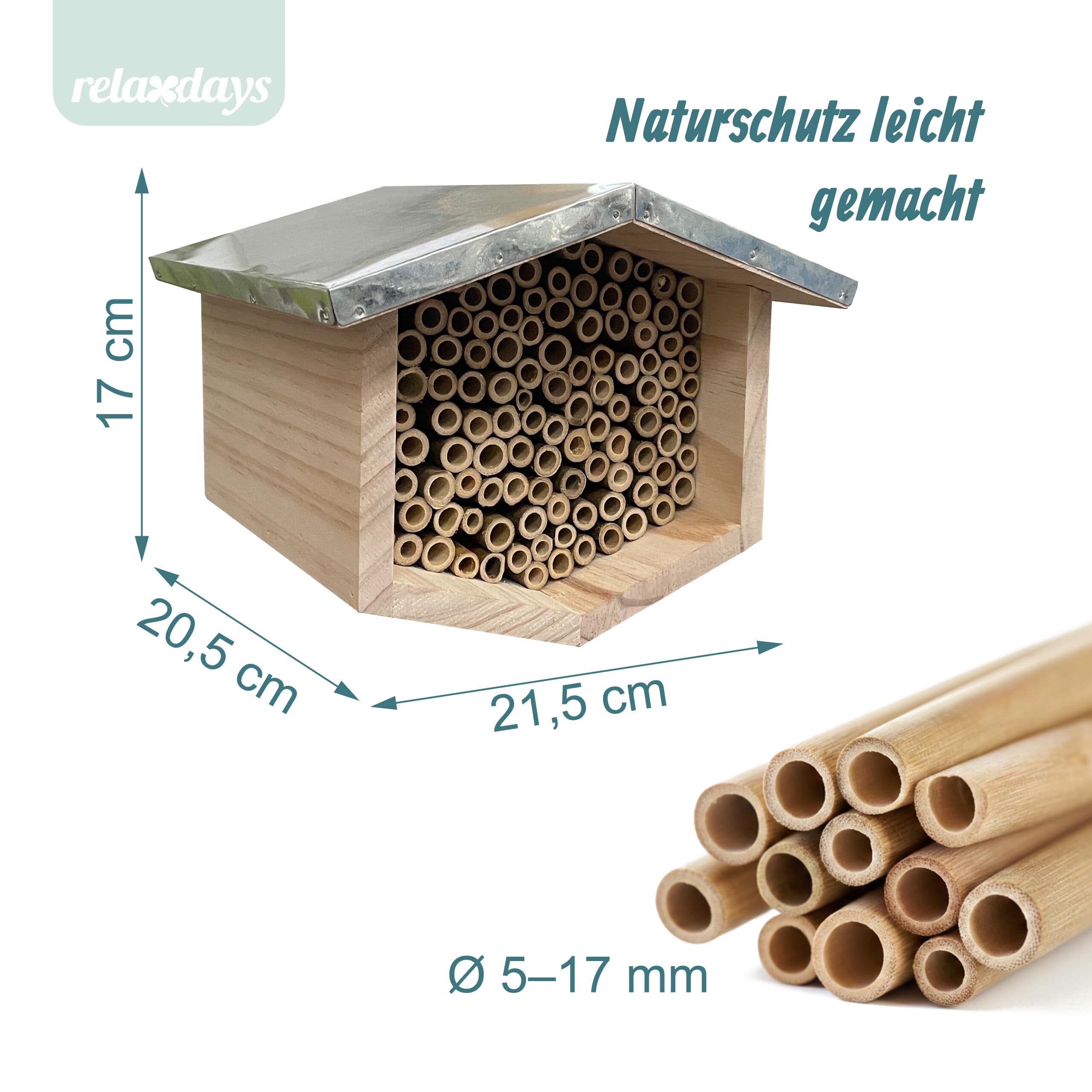 Relaxdays Bienenhotel, Holz, wetterfestes Metalldach, Bambusröhrchen, Garten, Insektenhotel zum Aufhängen, Natur/Silber