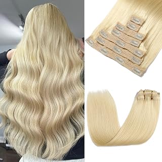 Rimoss Clip-In Human Hair Extensions 20 Inch Bleach Blonde #613 - 120g Remy Straight 7pcs Premium Soft Real Hair for Women