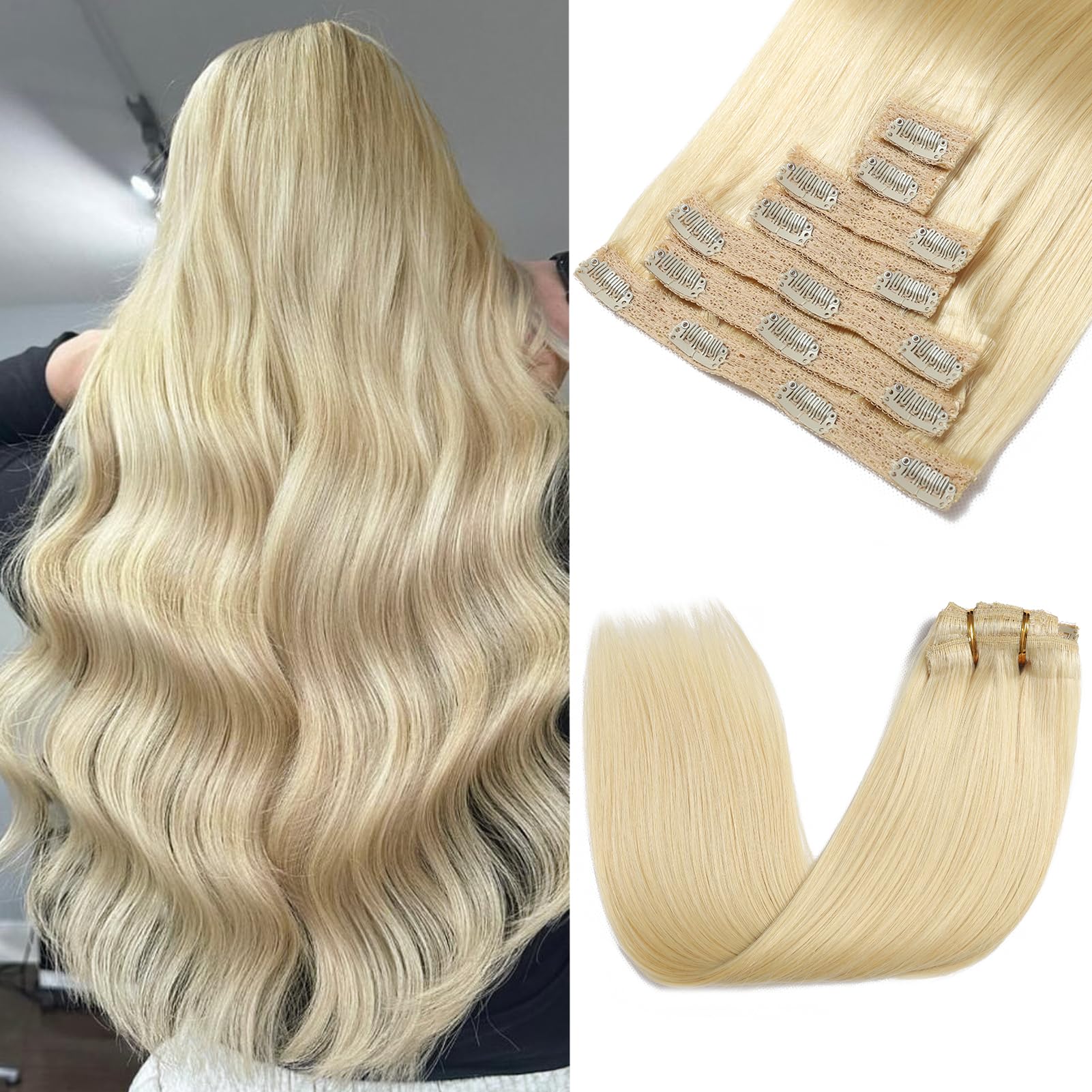 Rimoss Clip in Hair Extensions Real Human Hair - 24 Inch 7pcs, Bleach Blonde Color - Soft Remy Hair Extensions Real Human Hait Clip ins Straight Double Weft for Women (#613 24 Inch)
