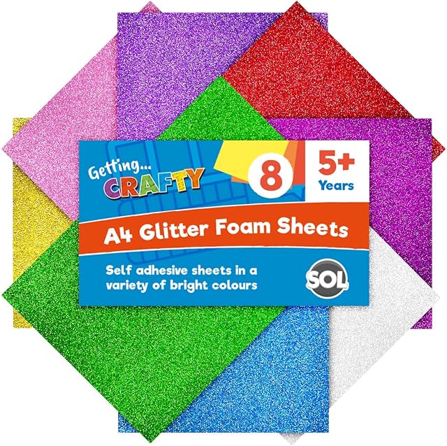 8pk Glitter Foam Sheets for Crafts | A4 | Bright Assorted Colours | Self Adhesive Glitter Foam Sheets | Craft Foam Sheets | EVA Foam Sheets | Self Adhesive Foam Sheets | Glitter Foam Sheets A4