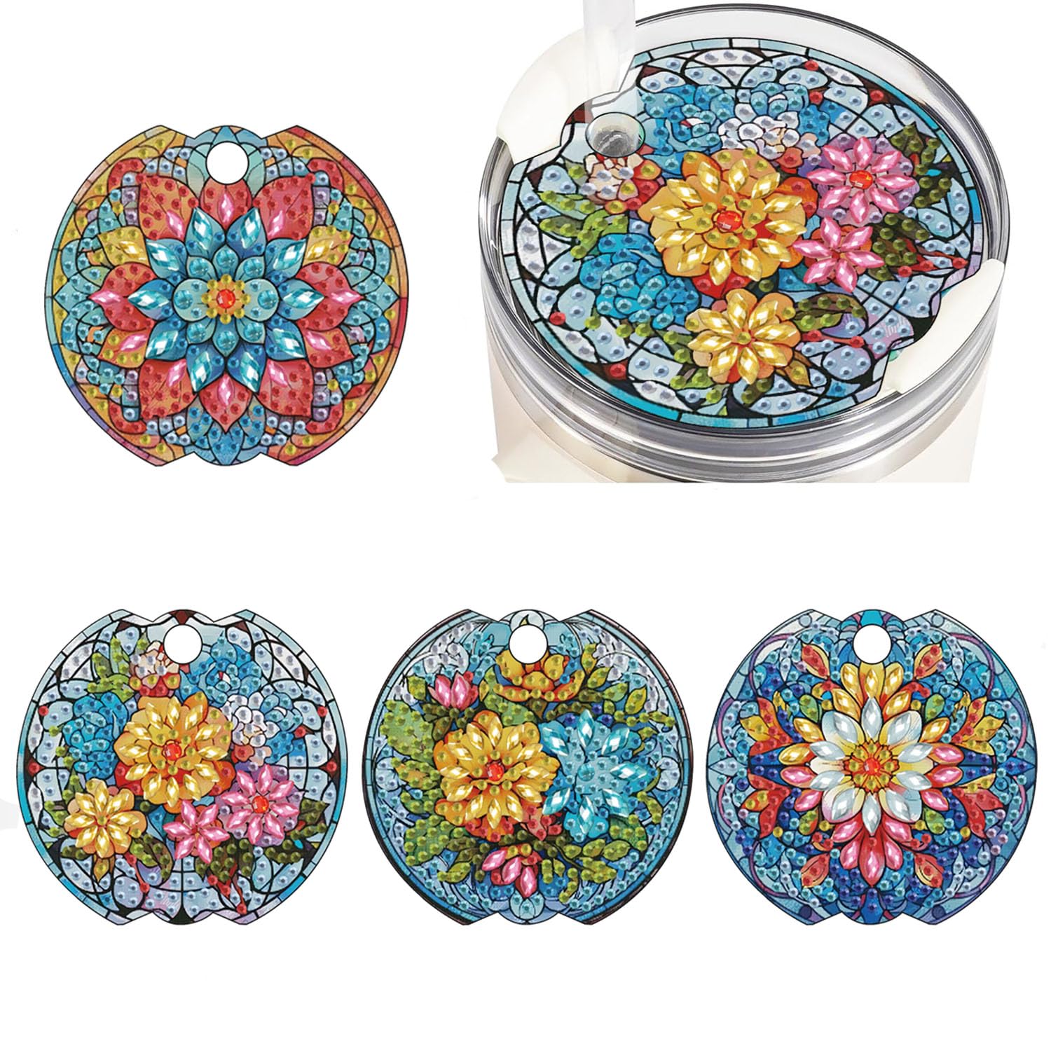 Photo 1 of DDGYP 4Pcs 3.54x3.34in Diamond Painting Cup Lid, Mandala Floral 5D Diamond Art Topper, Acrylic DIY Craft, Perfectly Fits 40oz Tumbler with Handle, Home & Holiday Decor
