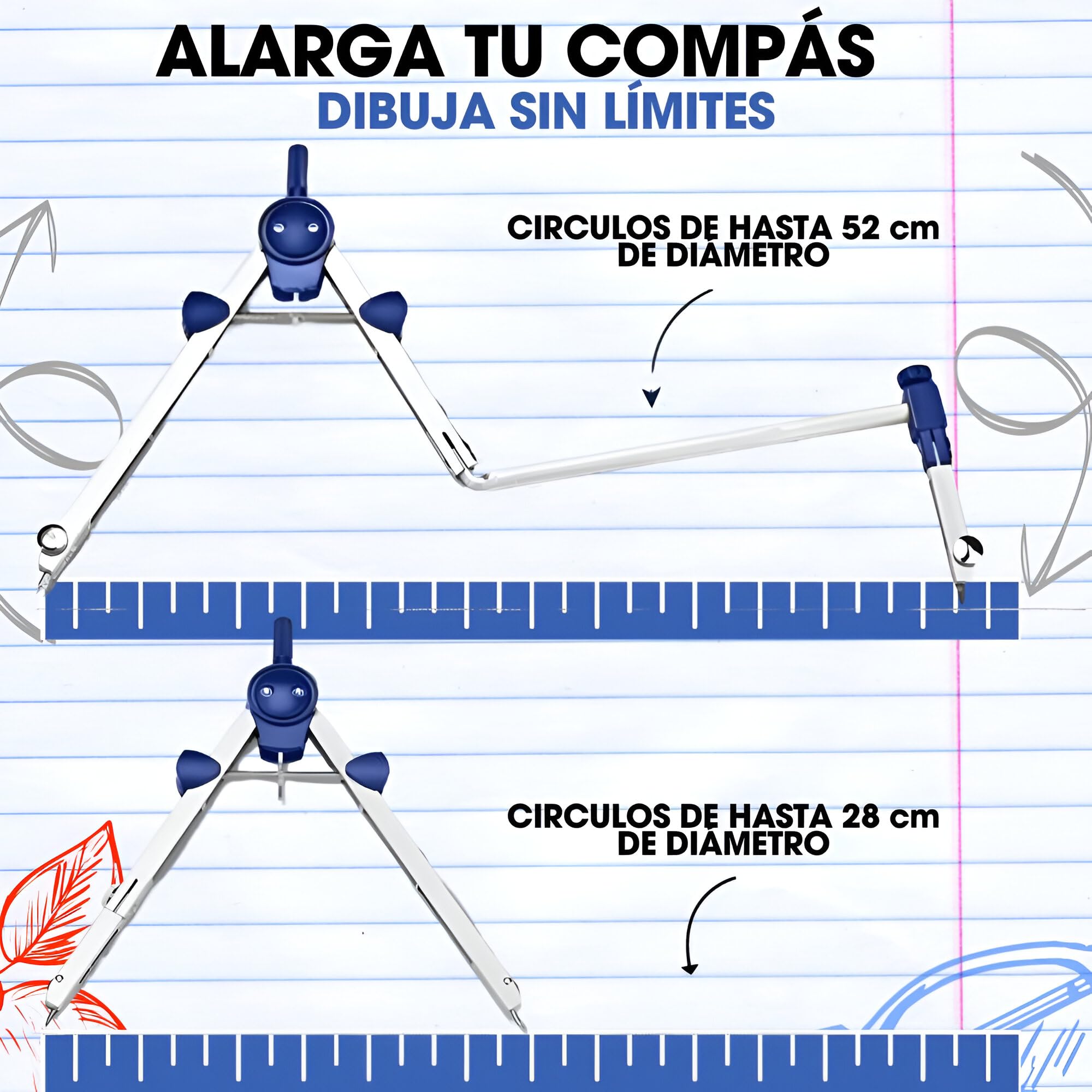Compas Dibujo Tecnico Profesional - Compás Escolar de Precision con Rueda de Ajuste Bachillerato y Secundaria - Compasso Escolar Dibujo Tecnico de Metal - Compas Grande Plastica y Dibujo Técnico