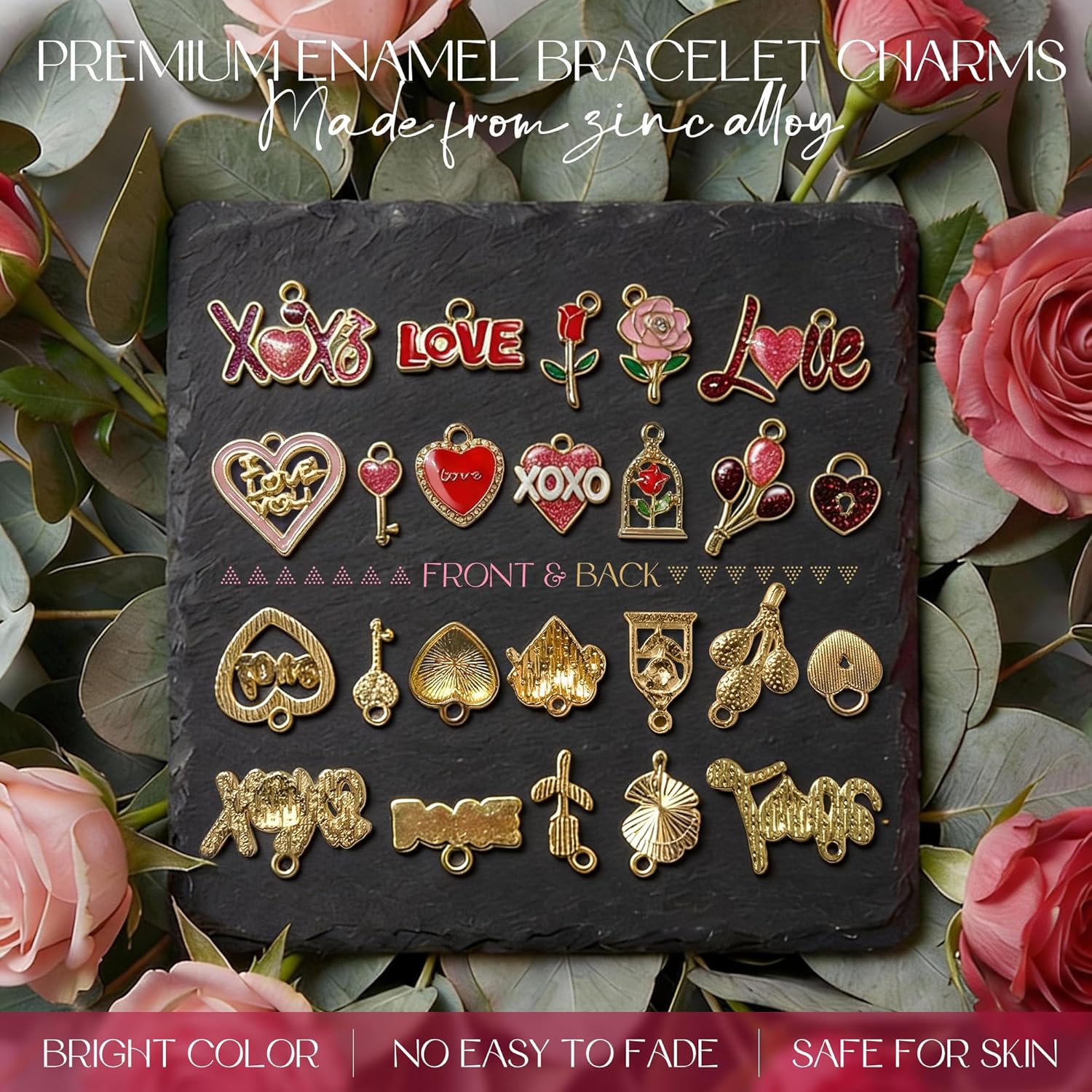 Sistenia Valentine's Day Charms, Gold Plated Enamel Pink Pendants XOXO Rose Heart Love Charms with 50pcs Jump Rings DIY Necklace Bracelets Earring for Jewelry Making Crafts Women Galentine's Day Gifts for Her - Image 6