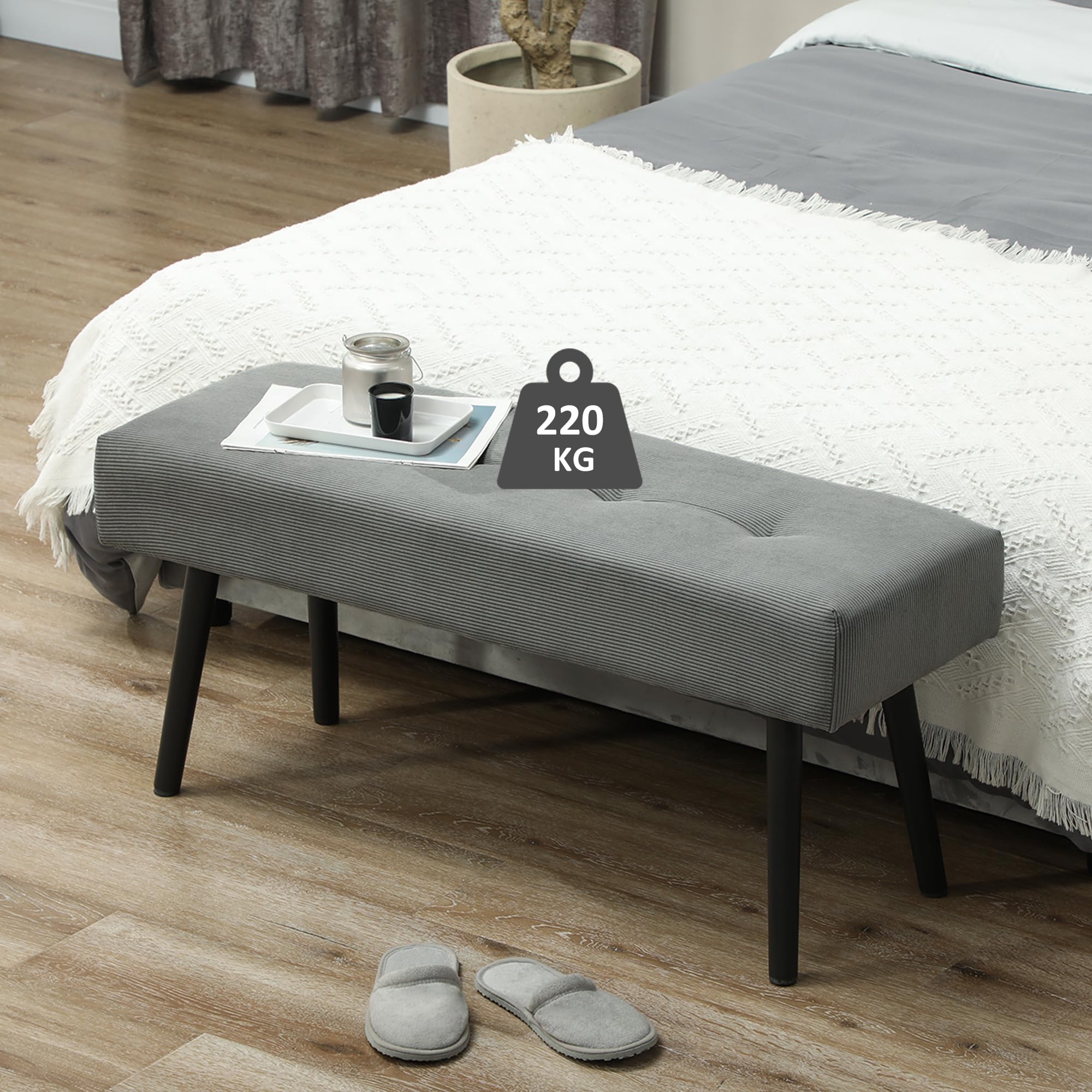 HOMCOM - Banco de banco moderno con punta de cama acolchada de pana y patas de acero negro, ideal para entrada, salón, dormitorio, carga 220 kg, 100 x 36 x 45 cm, color gris