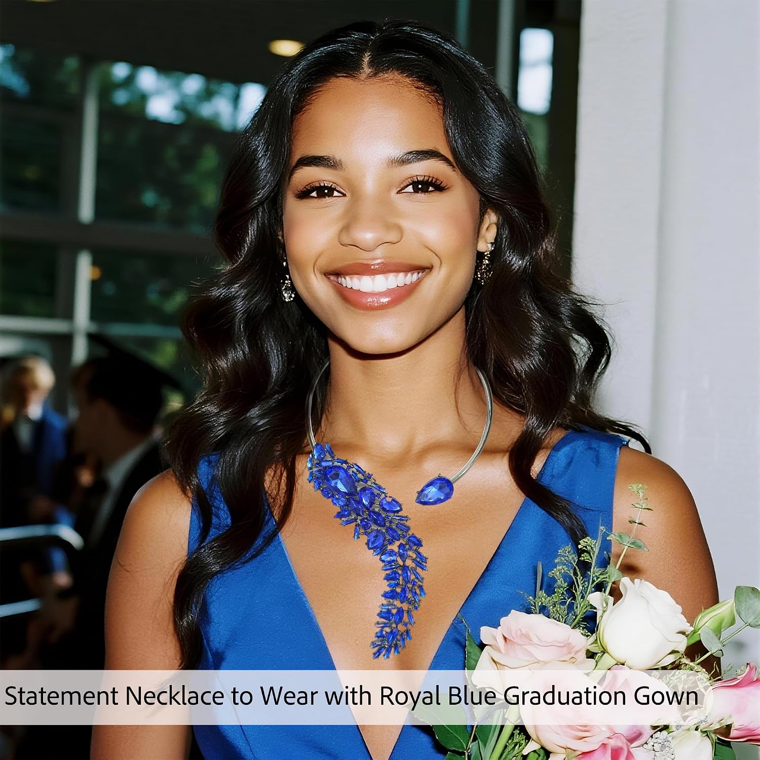 Royal Blue Crystal Feather Statement Necklace - Chunky Open Collar Choker with Navy Blue Stone - Fashion Costume Jewelry for Women Evening Wedding Prom