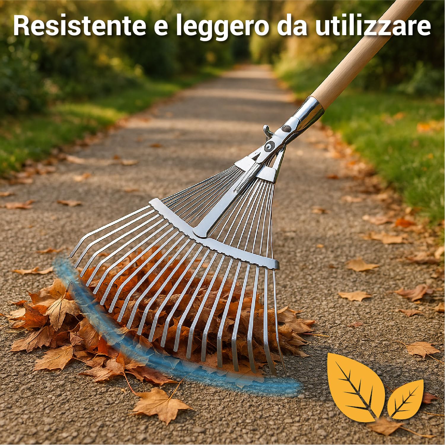 Crisalide®- Rastrello REGOLABILE + MANICO 150cm (faggio), Regolabile in metallo 22 denti