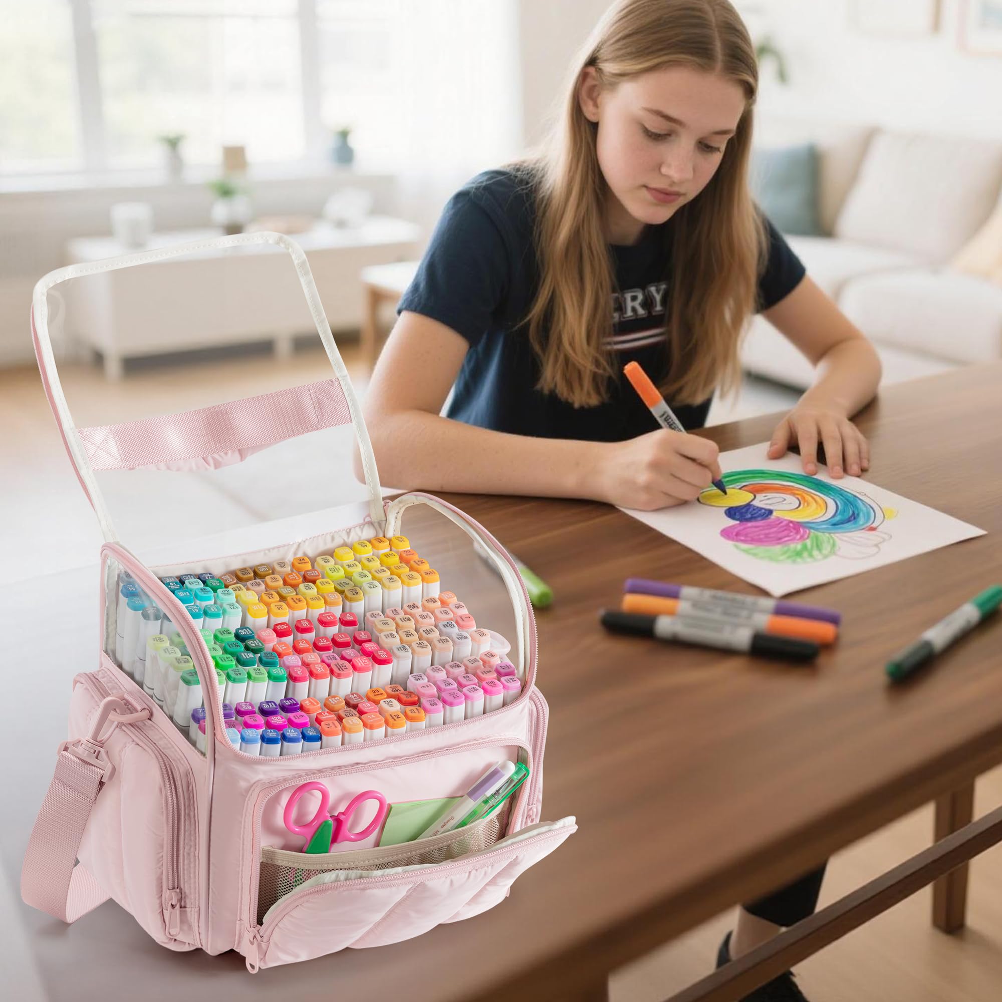 Rexmica Grand Sac de Rangement pour 210 Marqueurs à Dessin, Étui de Rangement Rembourré avec Bandoulière pour Feutre à Alcool pour Adultes, Artistes, Enseignants et Passionnés de Coloriage, Rose