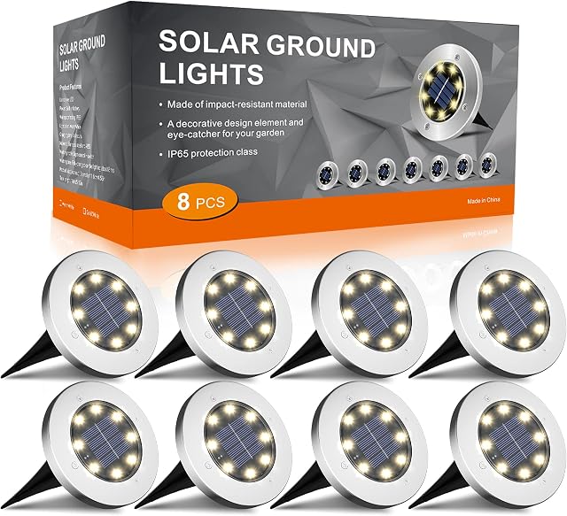 FLOWood Solar Lights Outdoor Garden, 8 H Working 600mAh Solar Ground Lights, IP65 Waterproof Solar Floor Lights Outdoor Garden, 8 LED Solar Disk Lights for Garden Lawn Pathway Patio Warm White 8 Pcs