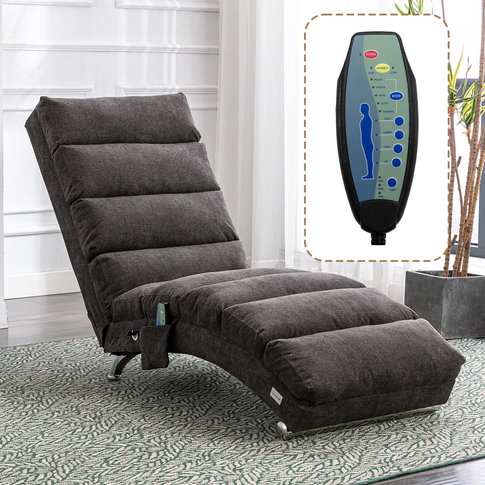 Chaise Lounge Chair Indoor, Linen Upholstered Massage Chair with 5 Modes, Ergonomic Electric Recliner Chair, Modern Long Lounger for Office Bedroom or