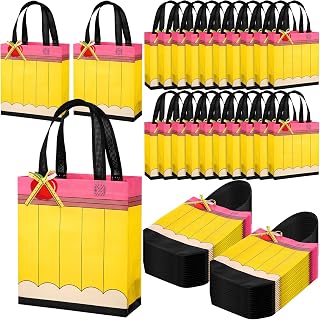 Wesnoy 36 Sets Christmas Teacher Gift Bags, 10"×3.5"×8.6", Pencil Design | Christmas Teacher Gifts Bulk, Non-woven Tote Treat Christmas Bags with Handles for Gifts, Christmas Party Favors for Women