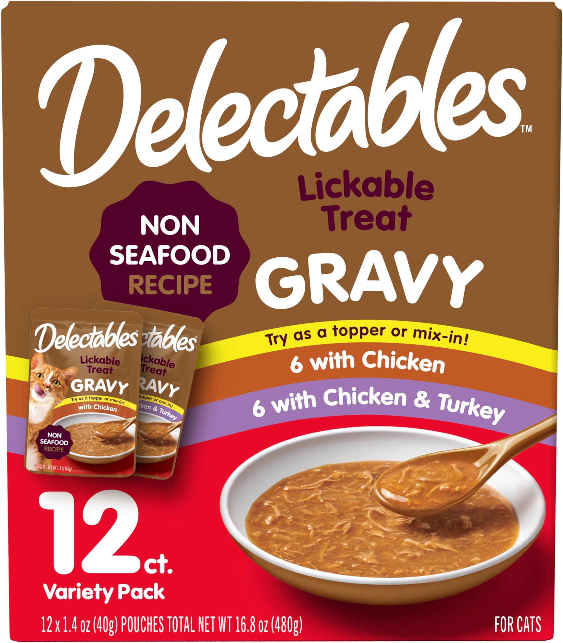 Lickable Treat Gravy Wet Cat Treat Variety Pack, Food Topper, Hydrating, Grain-Free, No Fillers, By-Products, Added Preservatives, 1.4oz Pouch, 12ct