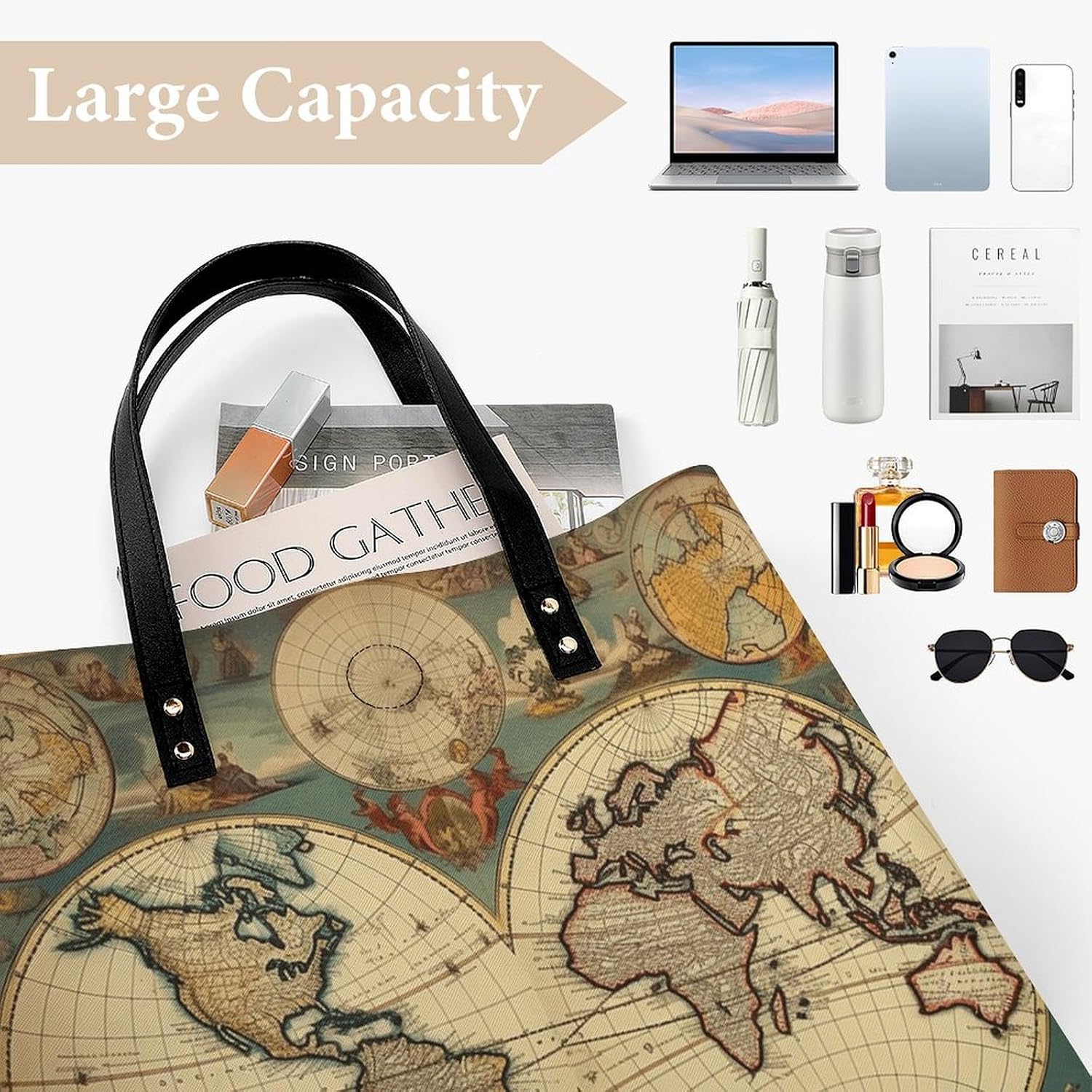 World Map Retro Tote Bag with Magnetic Buckle Reusable Grocery Bags Lightweight Cross Body Handbag for Daily Essentials