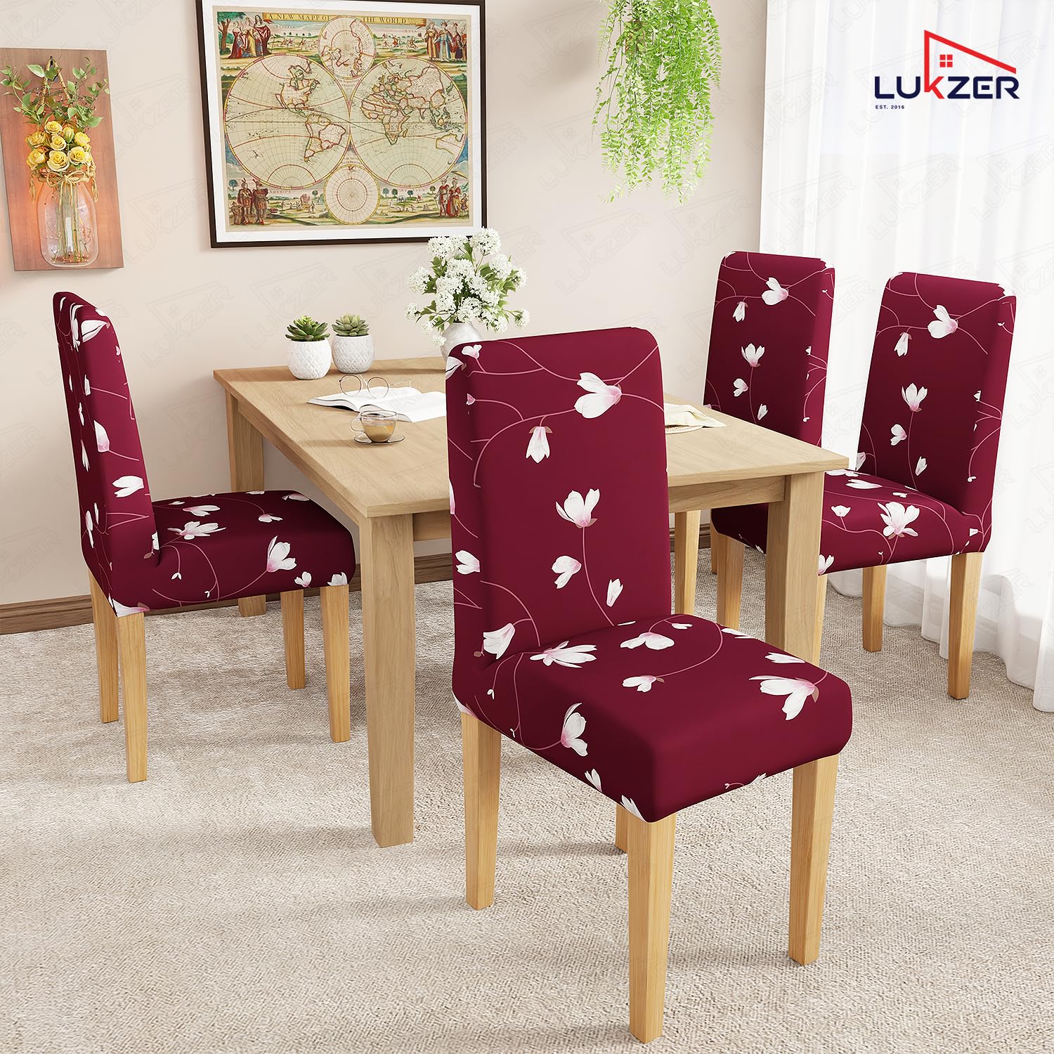 Lukzer 6PC's Maroon Flower Design Stretchable Dining Chair Cover | Universal Fit Removable Washable Slipcover | 140 GSM Polyester Spandex | Elastic Protective Cover for Home & Hotel Chairs (CC-009-06) 3