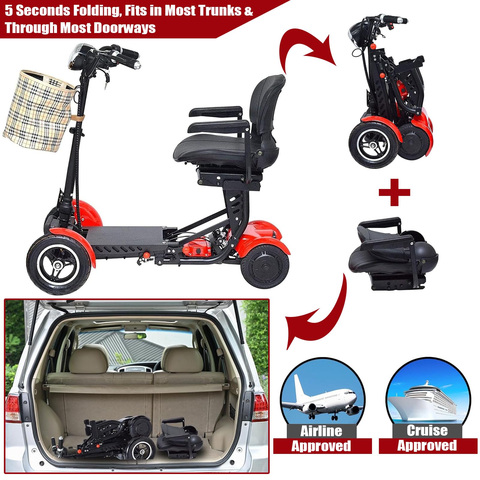 4 Wheel Motorized Travel Scooter, Long Range Foldable 3 Speed Mobility Scooter for Seniors, w/Waterproof Basket, Locks and Tool Kits, All Terrain, 330 lbs Capacity, Lightweight, Foldable