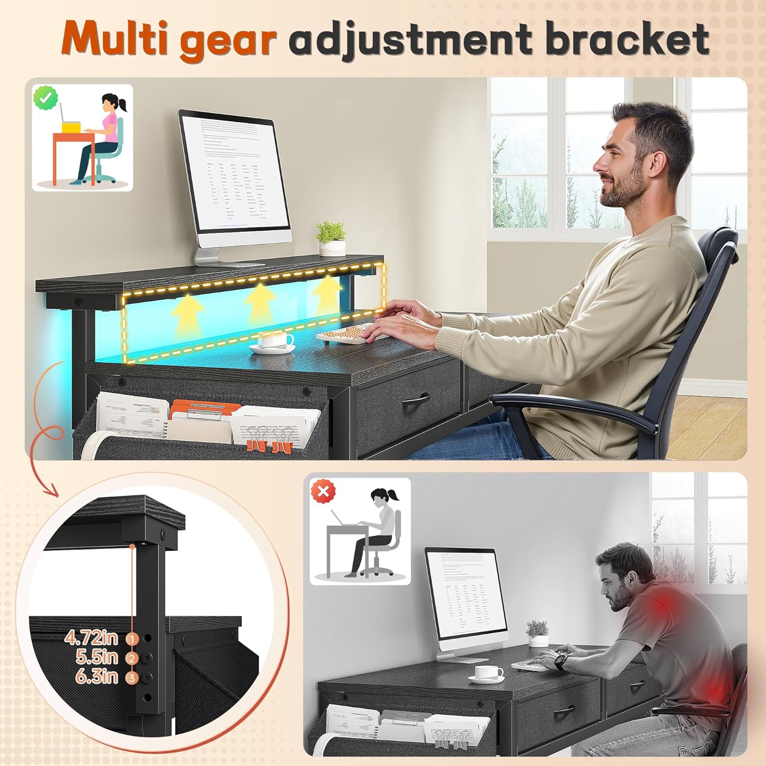 DurayLoly 31.5Inch Office Computer Desk with LED Lights & 2 Fabric Drawers, Gaming Desk with Side Pocket & Ergonomic Monitor Stand, Small Space Study Writing Table with Anti-Tip Design,Black