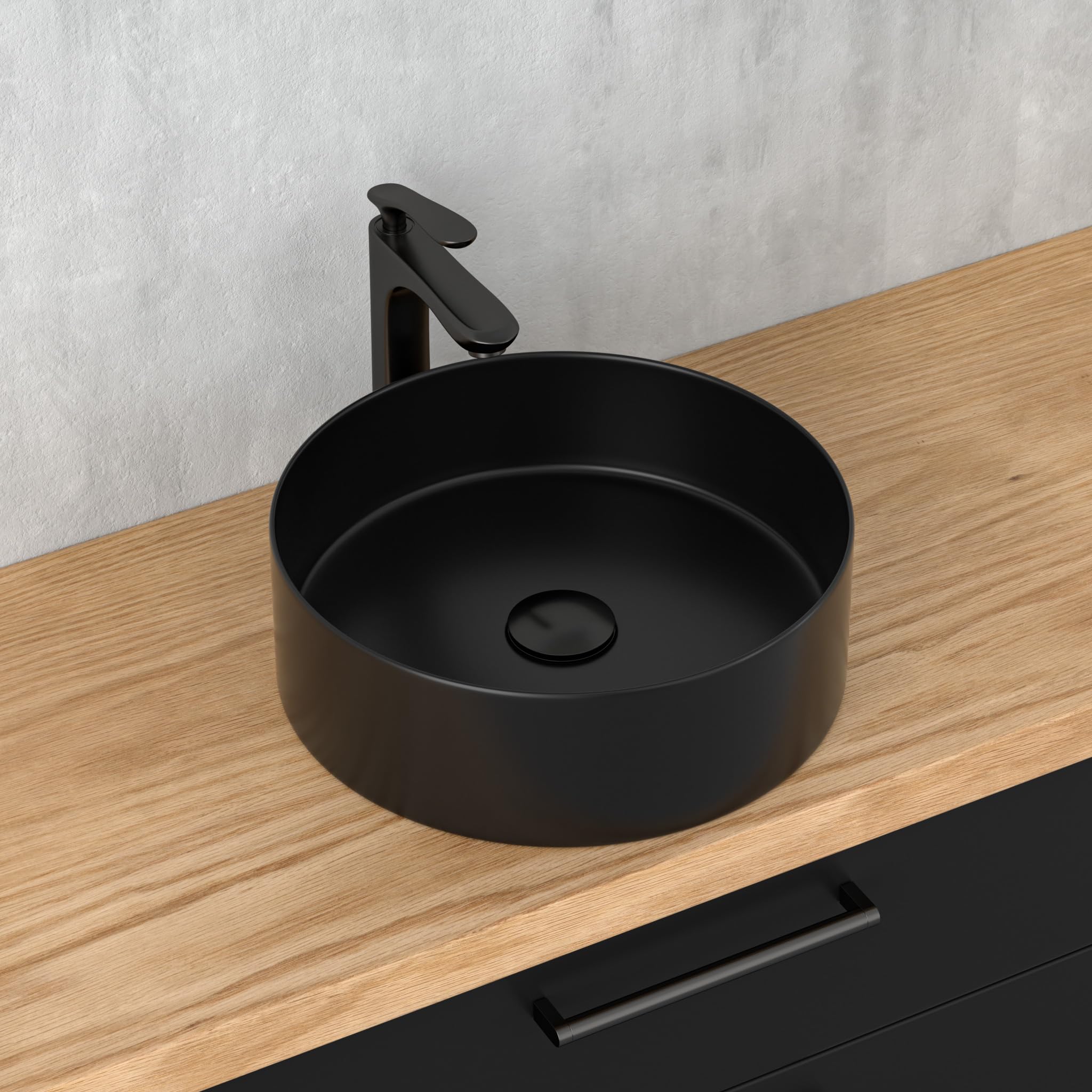 Lavabo negro, redondo, pequeño lavabo de mano en diseño elegante y fácil de limpiar para baño y aseo de invitados (negro mate, 39,5 x 39,5 x 13 cm)