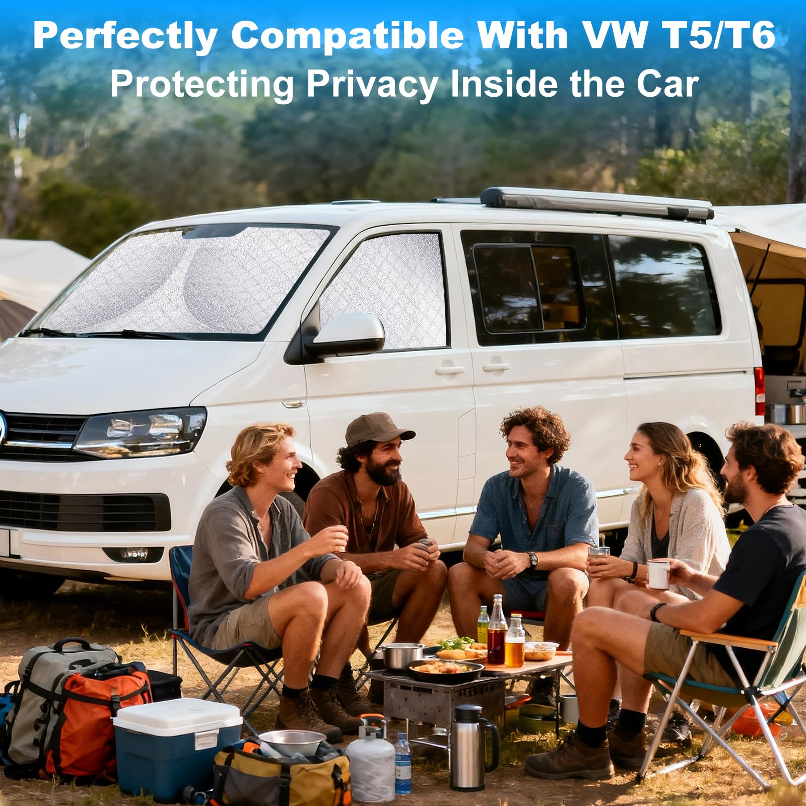 Ochrona przeciwsłoneczna przedniej szyby samochodowej dla VW T5 T6 (zestaw 3 szt.) Termomata do zaciemnienia kabiny kierowcy i bocznych szyb | Premium aluminiowa mata UV-Schutz & osłona