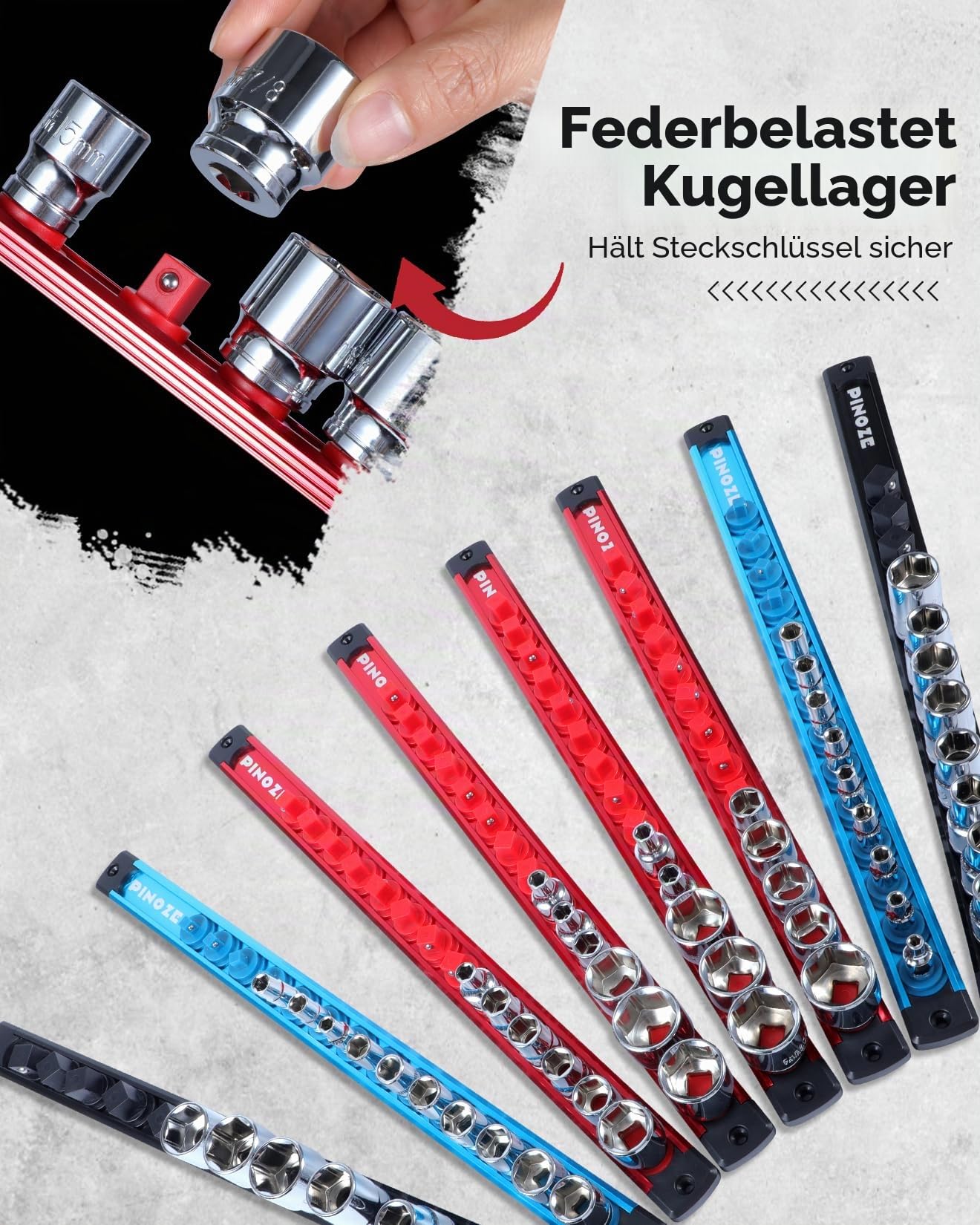 PINOZE Magnetischer Steckschlüsselhalter-Organizer-Set – 1/4, 3/8, 1/2 Zoll (1/2 Zoll), Aluminiumlegierung, für Werkzeugkasten, Schublade, Steckdosenregal-Set mit 114 Clips für Automobil-Garage (blau
