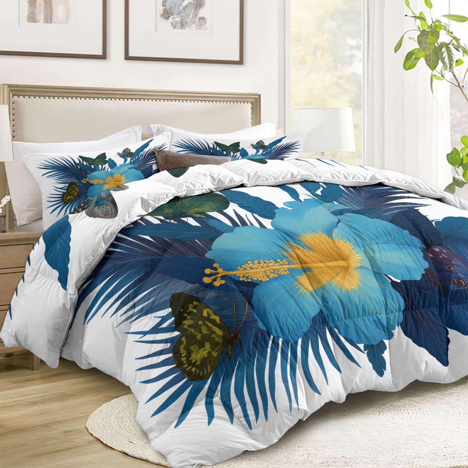Hibiskus Palmblätter Schmetterling Bettdecke 135 x 200 cm 4 Jahreszeiten Steppdecke, Tropische Pflanzen Waschbare Ganzjahresdecke Frauen Bettwaren Set Ferienhaus Hauptschlafzimmer Bettdecke Ohne Bezug