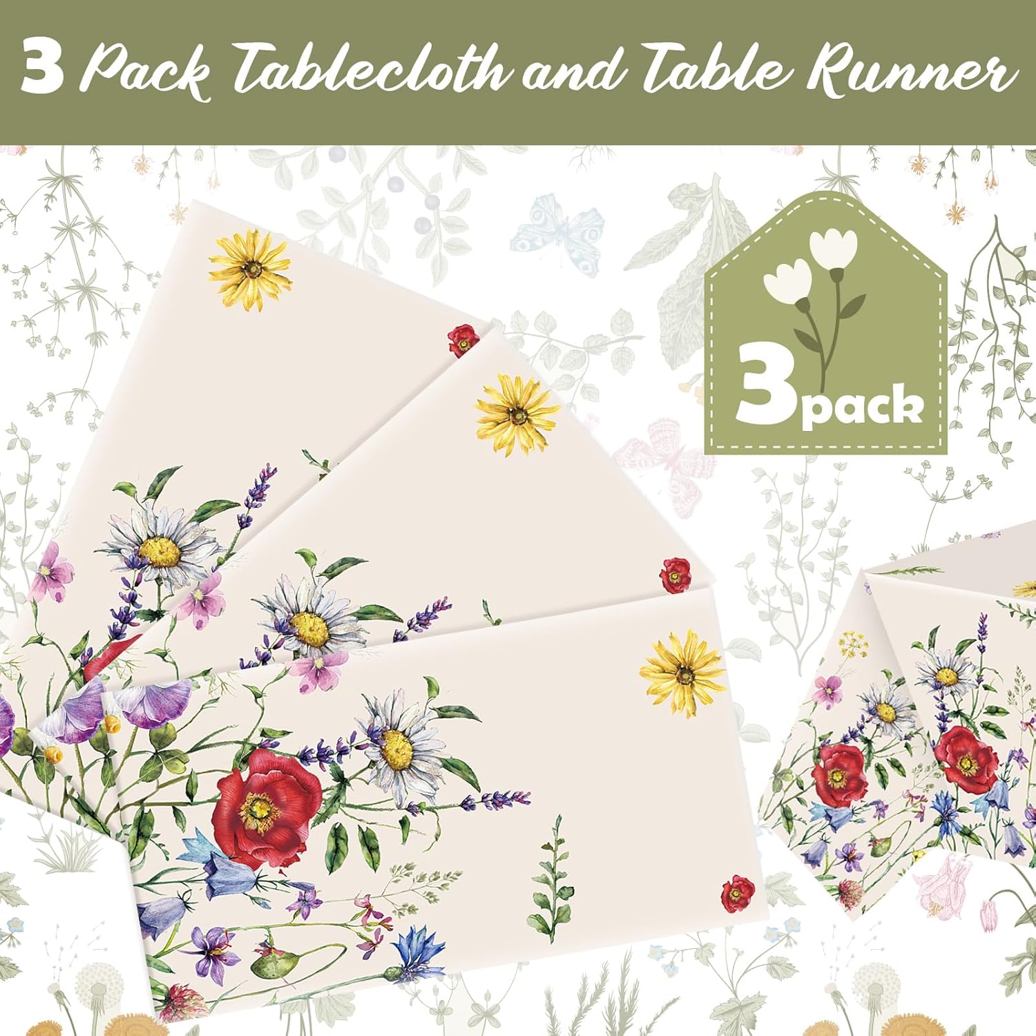 Ganeen 3 Pcs Spring Floral Tablecloth Disposable Plastic Wildflower Table Cloth Rectangle Table Cover Waterproof for Birthday Wedding Easter Mothers Day Tea Party Supplies and Decor, 54 x 108 Inch