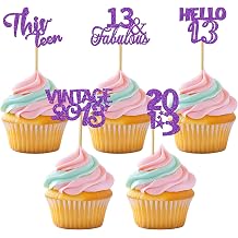 30 PCS Happy 13th Birthday Cupcake Toppers Glitter Vintage 2013 Cupcake Picks Thirteen Hello 13 Fabulous Cake Decorations for 13th Birthday Theme Anniversary Party Decor Supplies Purple