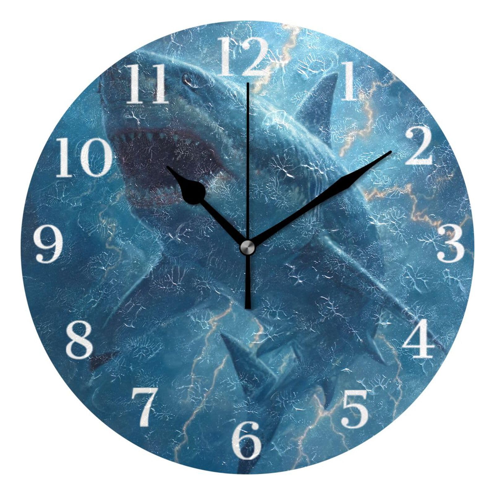 Ensound Shark Lightning Wall Clock Silent Non-Ticking Battery Operated Clocks 12 Inch for Kitchen Home Living Room