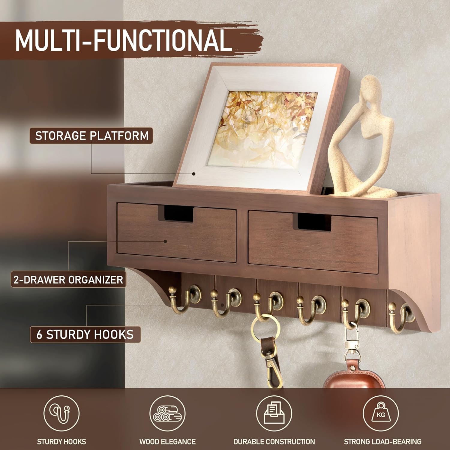 Rebee Vision Farmhouse Key Holder Wall Mount Combo - Rustic Key Holder with 2 Drawer Organizer and Mail Organizer with Mini Shelf – Stylish Apartment Essentials Storage for Home Decor (Brown)