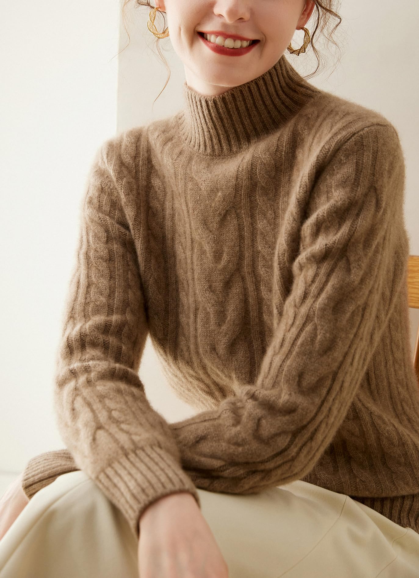 DISSA MA934 - Maglione da donna in cashmere e lana, con colletto alto, a maniche lunghe, con motivo a treccia
