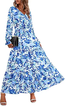 BTFBM Women Fall Dresses 2025 Casual Long Sleeve V Neck Maxi Dresses Floral Boho Long Dress Wedding Guest Dress