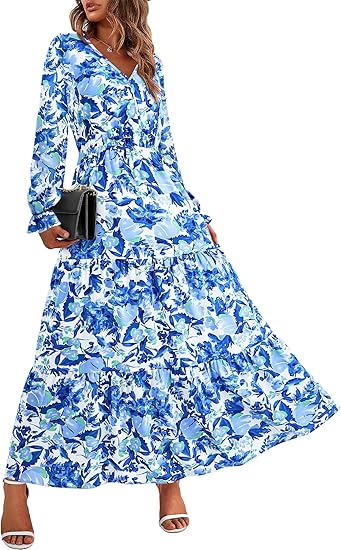 BTFBM Women Fall Dresses 2025 Casual Long Sleeve V Neck Maxi Dresses Floral Boho Long Dress Wedding Guest Dress