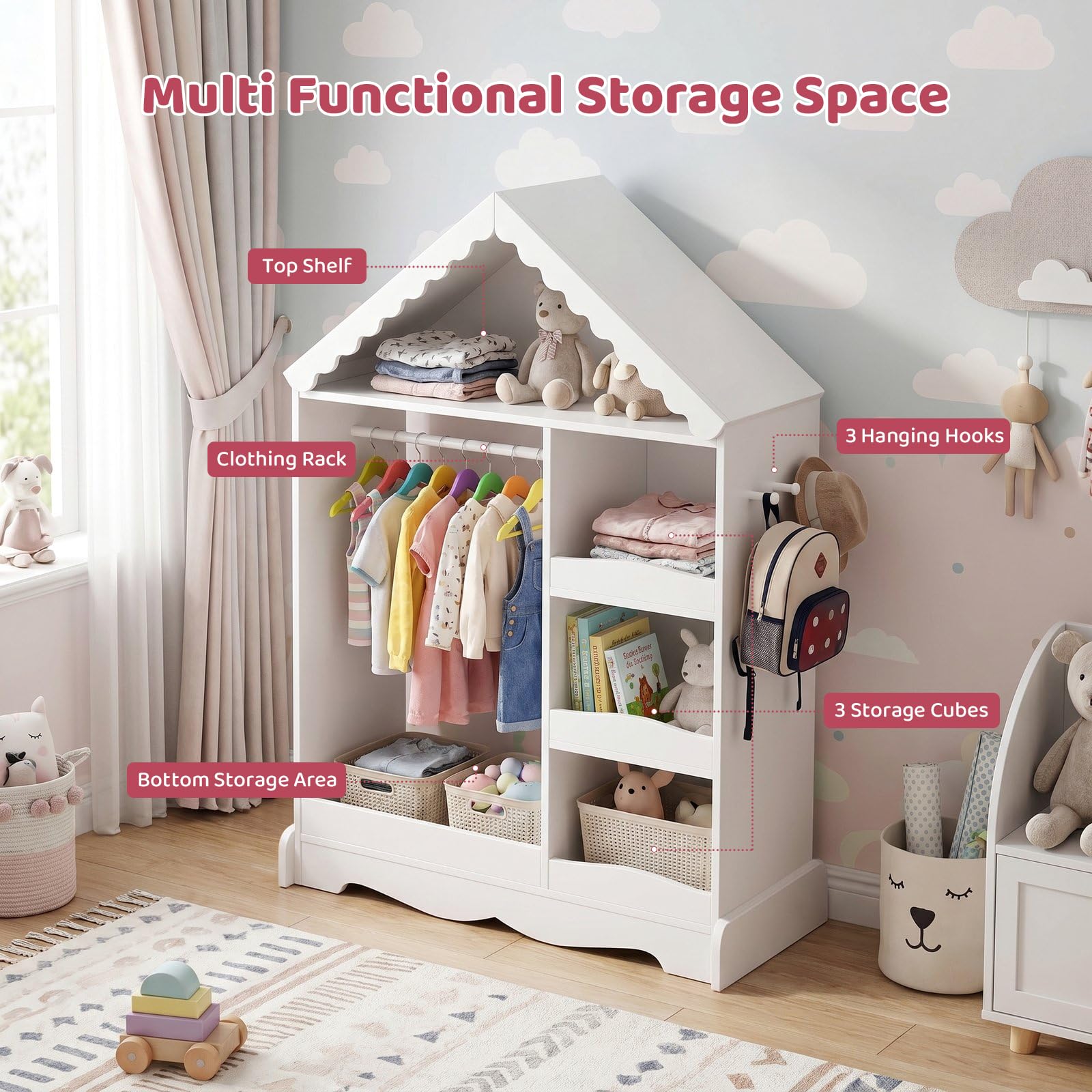 VOWNER Armario Infantil con Espejo, Armario de Ropa con Tejado, Perchero Infantil, Guardarropa Infantil, Mueble Montessori (Blanco)
