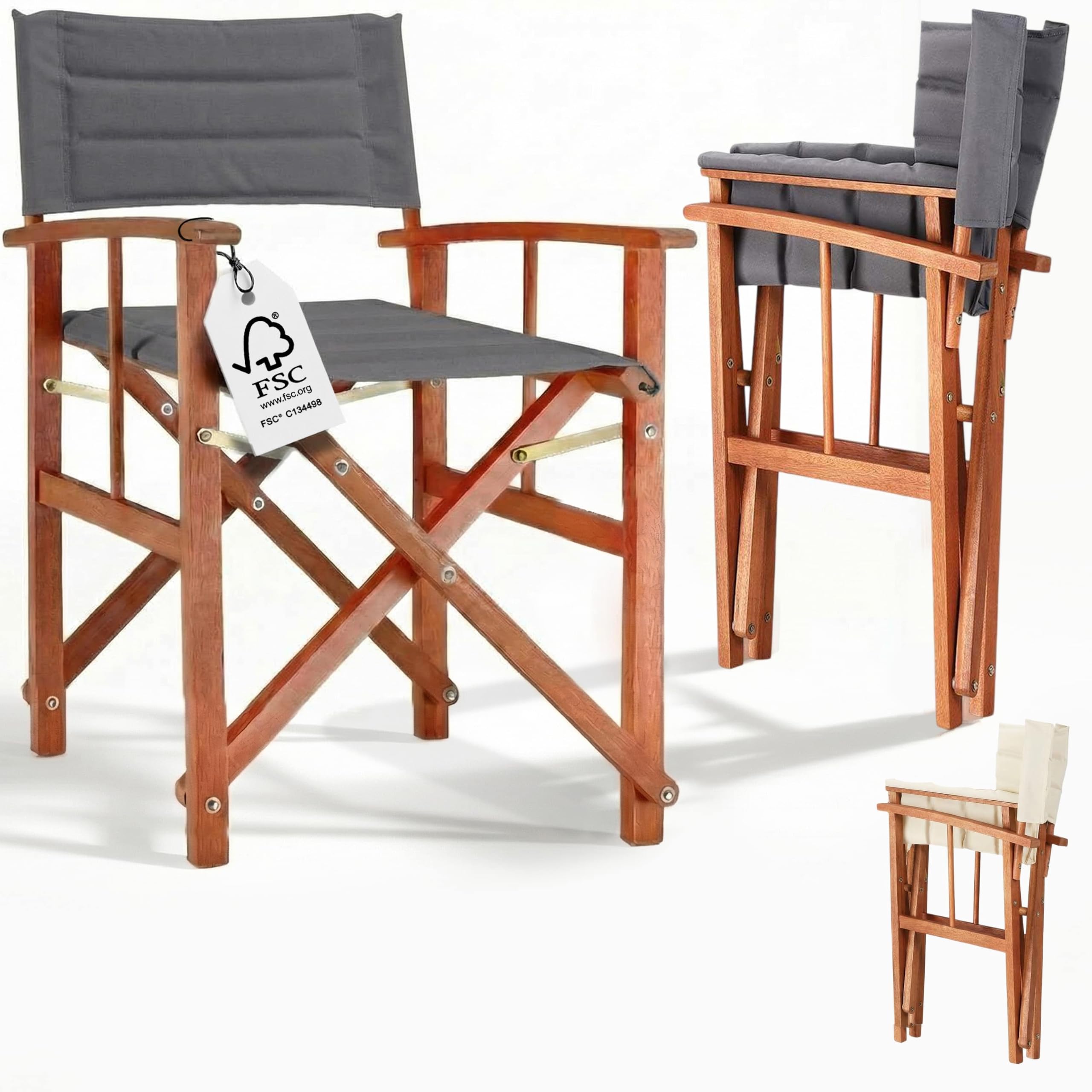 Casaria® Sedia da Regista Premium Imbottita Legno di Eucalipto Certificato FSC® Pieghevole Braccioli Tessuto Lavabile Capacità di Carico fino a 160kg Giardino Esterno Antracite