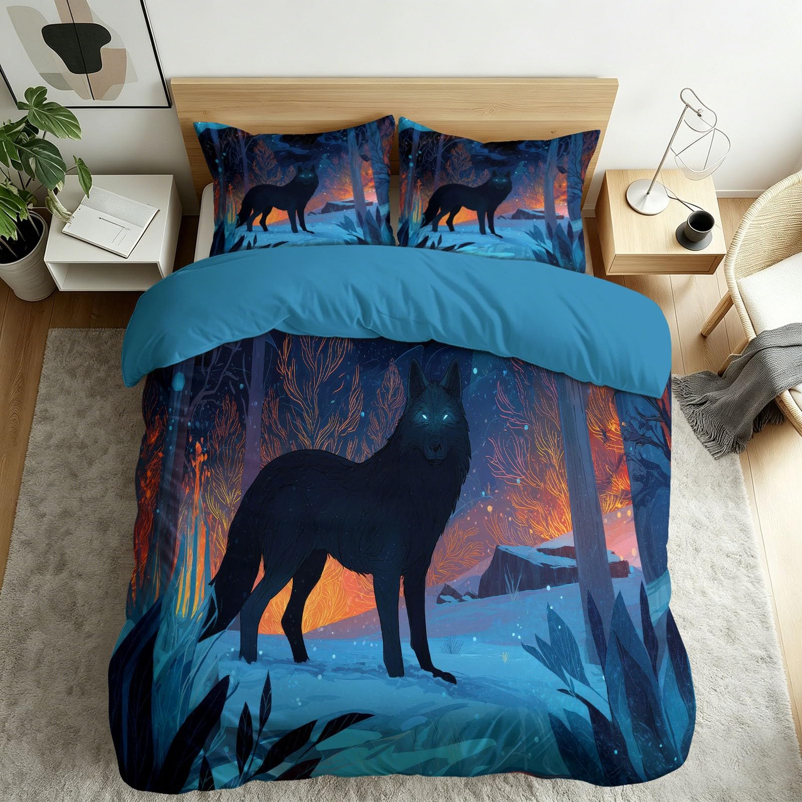 Housse de couette 140x200 loup noir ensemble literie animal ados garçons