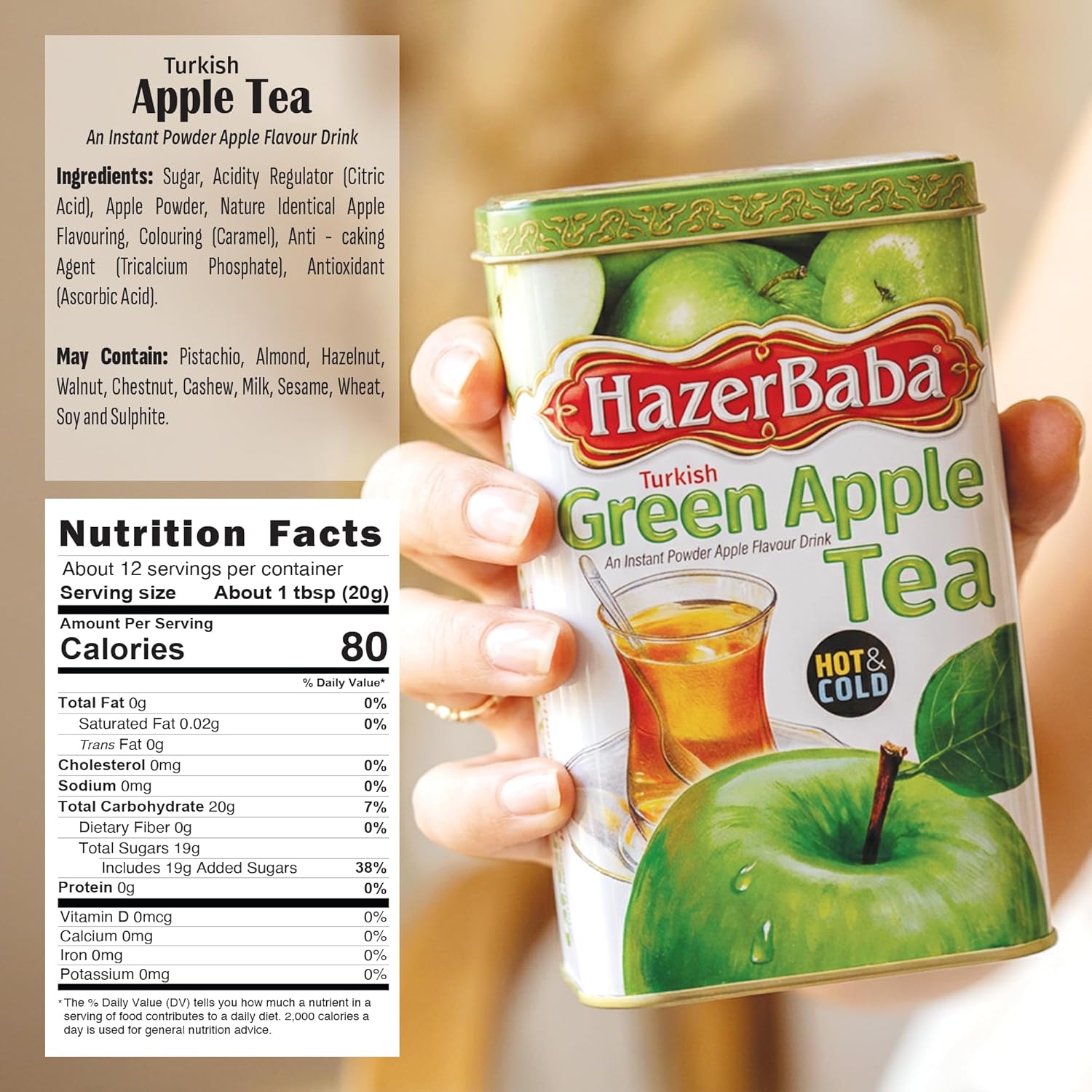 Hazer Baba Instant Drink Mix with Green Apple Flavor, Tin Box, 8.8 oz (Pack of 2), Fruity Natural Powder, Quick Hot or Cold, Water Enhancer, Juice, Smoothie, Vegan, Halal, Kosher