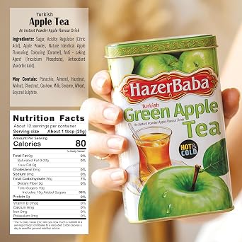 HazerBaba Turkish Apple Tea Powder, Instant Drink 8.8oz (Pack of 1), Kosher | Water Flavoring Tin Drink Mix Box, Cold Ice Tea, Hot Sweet Tea Beverage, Water Enhancer, Green Apple Juice Box, Caffeine Free